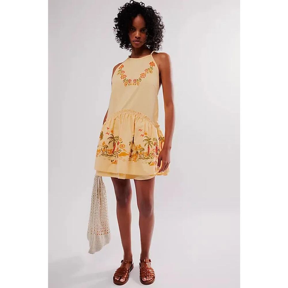 NWT FREE PEOPLE Deserted Island Poplin Mini Dress $128 LARGE Apricot Combo - Picture 4 of 5